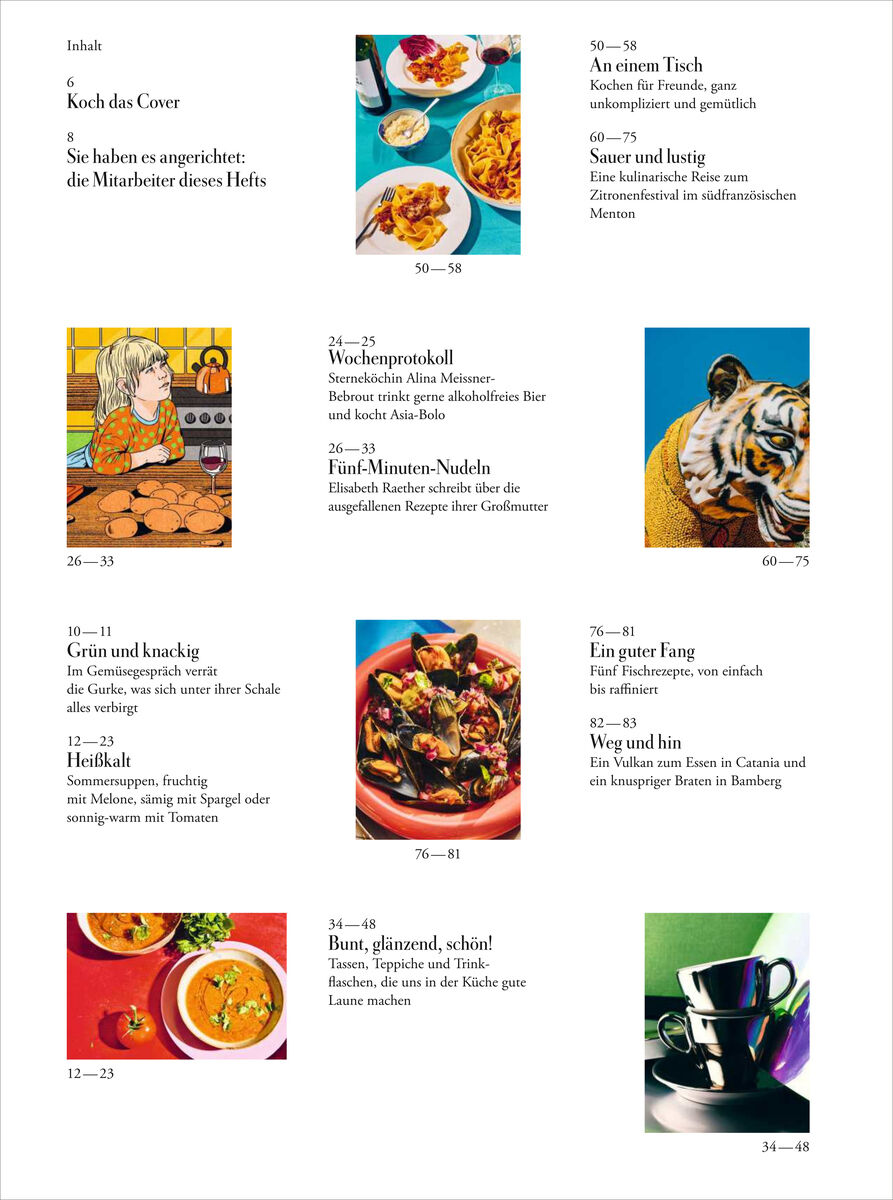 Inhaltsverzeichnis des ZEITmagazin WOCHENMARKT 10/26, mit lebendigen Food-Fotografien und Illustrationen. Die Seite gliedert Themenbereiche wie Rezepte, Gemüse, Suppen, Fisch, Klassiker und Porträts mit Beschreibungstexten, Seitenzahlen und bunten Bildern.