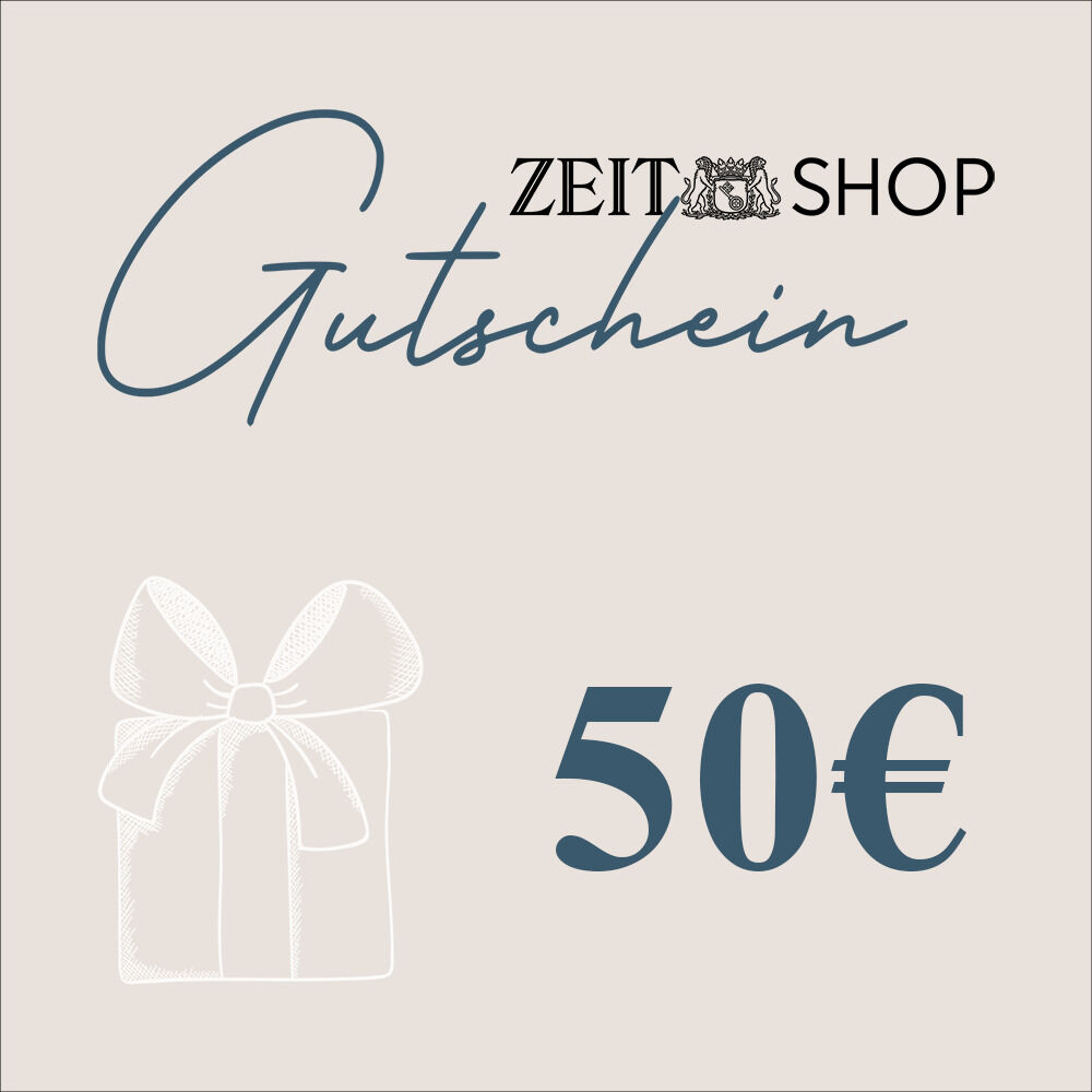 Digitaler 50 EUR Geschenkgutschein vom ZEIT Shop auf cremefarbenem Hintergrund mit blauem Text 'Gutschein' und einem weißen Geschenk-Symbol.