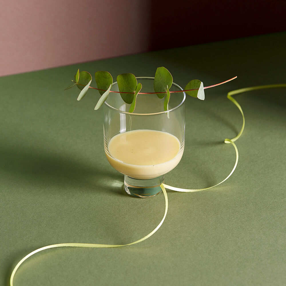 Ein Glas mit cremig-gelbem Eierlikör »Premium Eierlikör« von Rübbelberg steht auf einer grünen Unterlage. Über dem Glas liegt ein filigraner, grüner Zweig mit runden Blättern. Eine zarte gelbe Schnur verläuft dekorativ über den Tisch. Die Szene wirkt natürlich und modern.