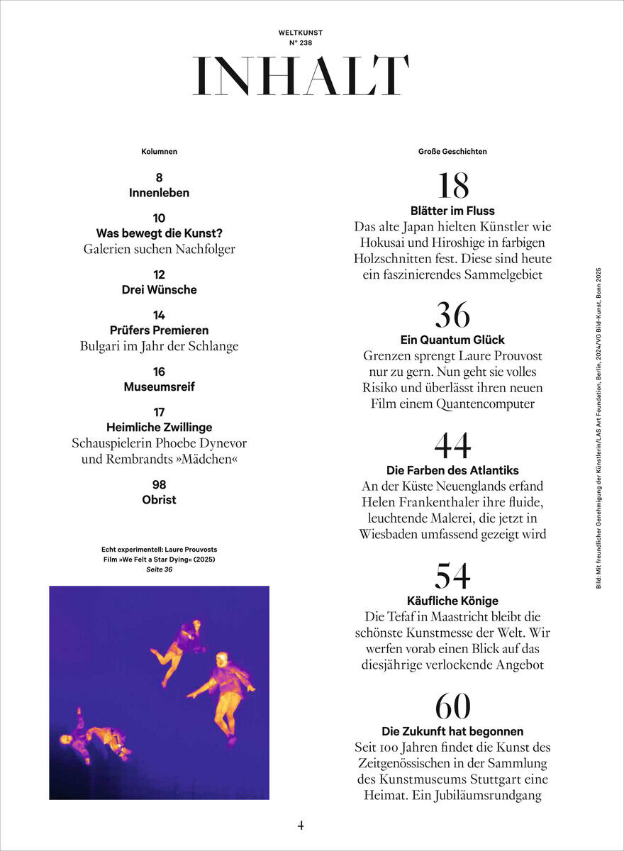Titelseite von WELTKUNST Ausgabe 238/25 mit Artikelliste über japanische Popkultur und verschiedene Themen, farbiges Bild im unteren Bereich.