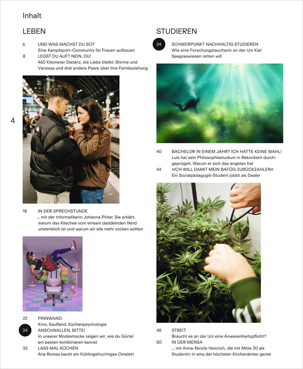 Modernes Inhaltsverzeichnis eines Magazins mit zwei Spalten: links Rubrik Leben mit vier kleinen Farbfotos, rechts Rubrik Studieren mit Unterwasserfoto. Auf weißem Hintergrund sind Artikelthemen für Studierende und junge Erwachsene aufgelistet.