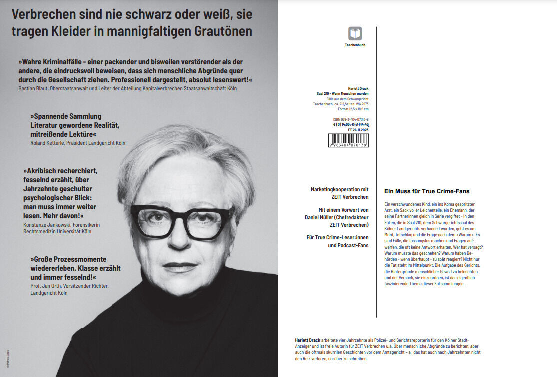 Das Buchcover von »Saal 210 - Wenn Menschen morden« zeigt unter anderem den Titel des Buches und ein Schwarz-Weiß-Foto einer älteren Person mit Brille. Das Coverdesign ist schlicht und in den Farben Schwarz, Weiß und Grau gehalten. Oben auf dem Cover befindet sich ein beschreibender Text zum Buchinhalt.