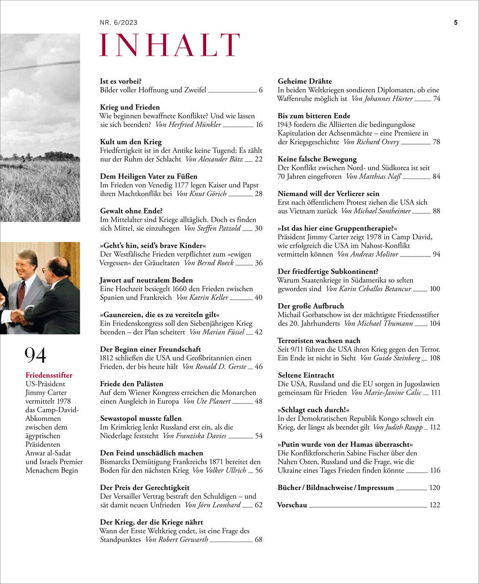 Cover des Magazins 'ZEIT GESCHICHTE 6/23 Wie Kriege enden' mit einem Inhaltsverzeichnis und einem schwarz-weißen Foto einer Landschaft.