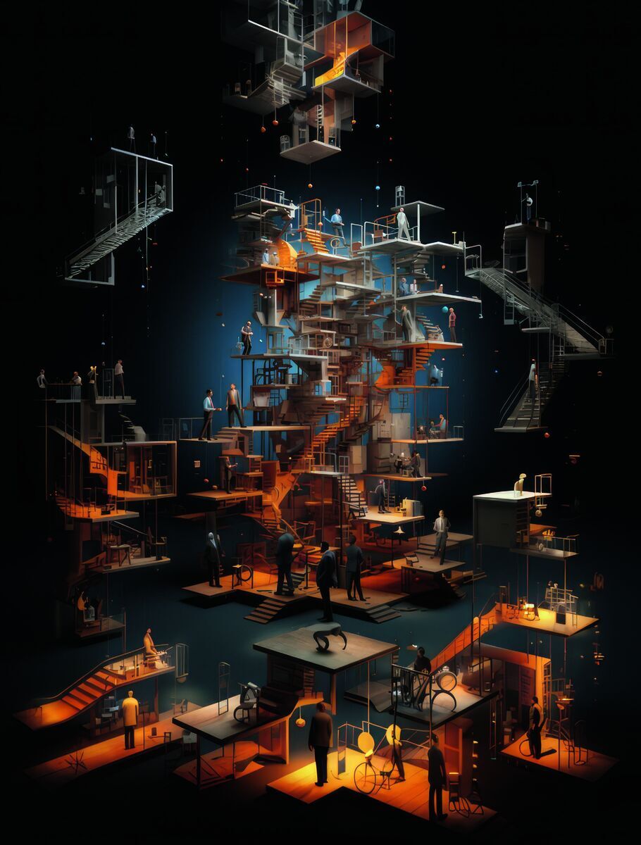 Cover des Magazins 'absatzwirtschaft Ausgabe 9/23' zeigt eine komplexe, futuristische Struktur mit mehreren Ebenen und Menschen, die verschiedene Tätigkeiten ausführen. Dominierende Farben sind Schwarz, Orange, Blau und Weiß.