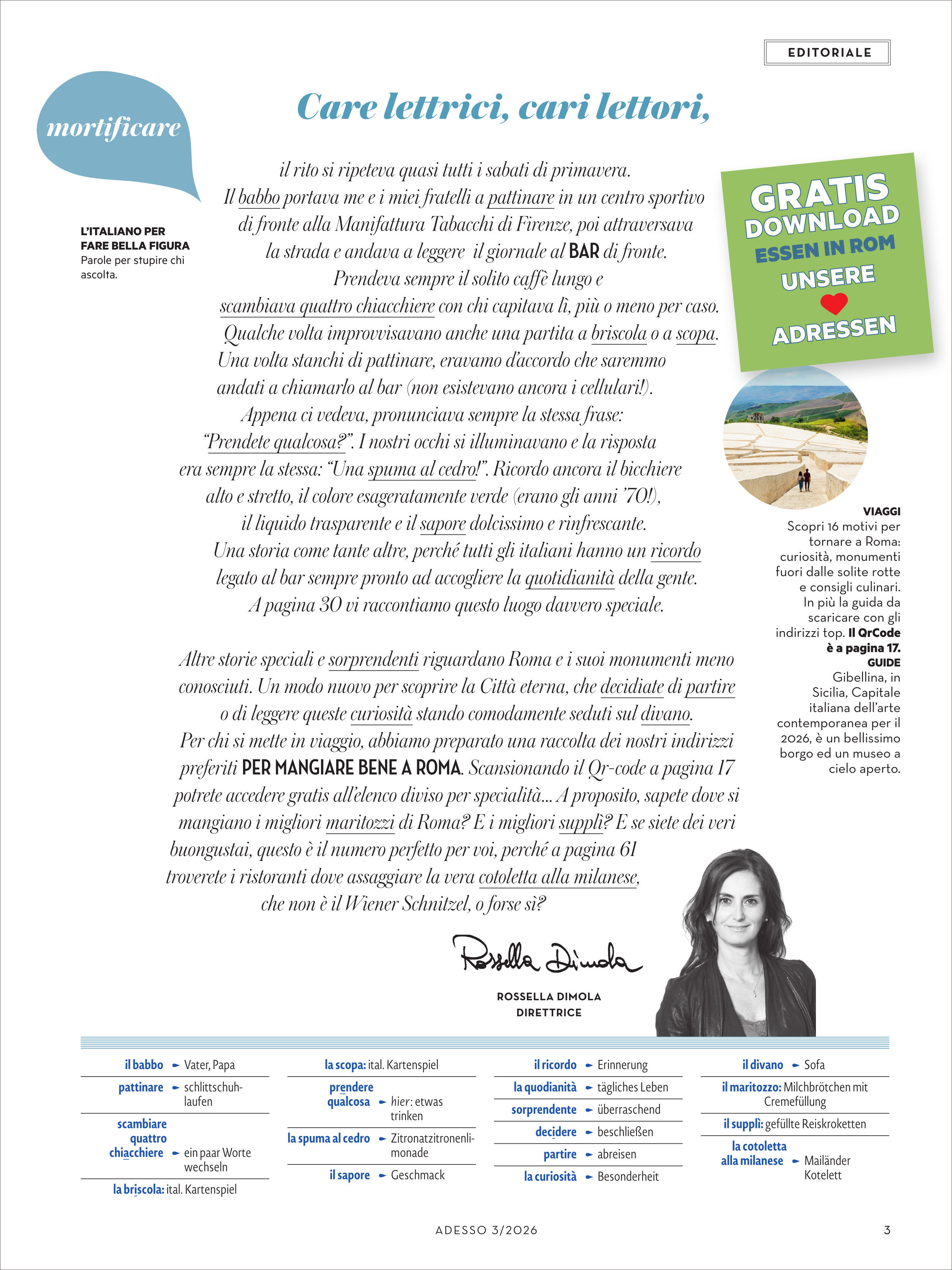 Titelseite eines Magazin-Editorials mit italienischem und deutschem Text, blauem Editorial-Banner oben links und grünem Hinweisfeld rechts. Enthält farbige Textelemente, Porträtfoto einer Frau unten rechts sowie verschiedene Rubriken- und Info-Kästen. Das Layout ist modern und klar strukturiert.