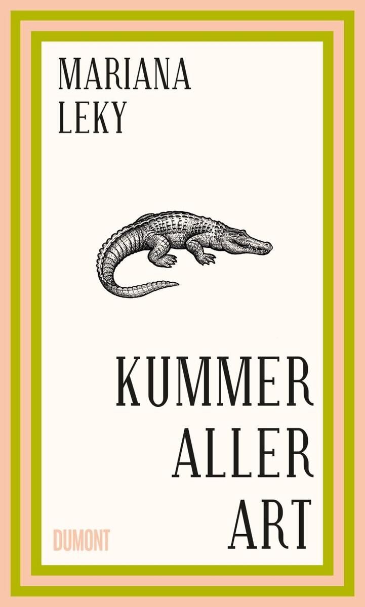 Buchcover von 'Kummer aller Art' von Mariana Leky. Das Cover zeigt ein gezeichnetes Krokodil in der Mitte, umgeben von einem grün-orangen Rahmen. Der Hintergrund ist weiß, und die Schrift ist schwarz. Der Name des Autors, Mariana Leky, steht oben, und der Titel des Buches steht in der Mitte unten.