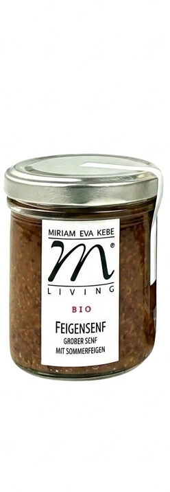 Ein Glas Kebe Bio-Feigensenf, grober Senf mit Sommerfeigen, steht zentriert vor weißem Hintergrund. Das Glas hat einen silbernen Metalldeckel und ein weißes Etikett mit schwarzer, klarer Schrift und Logo. Der Inhalt ist grobkörnig braun sichtbar.