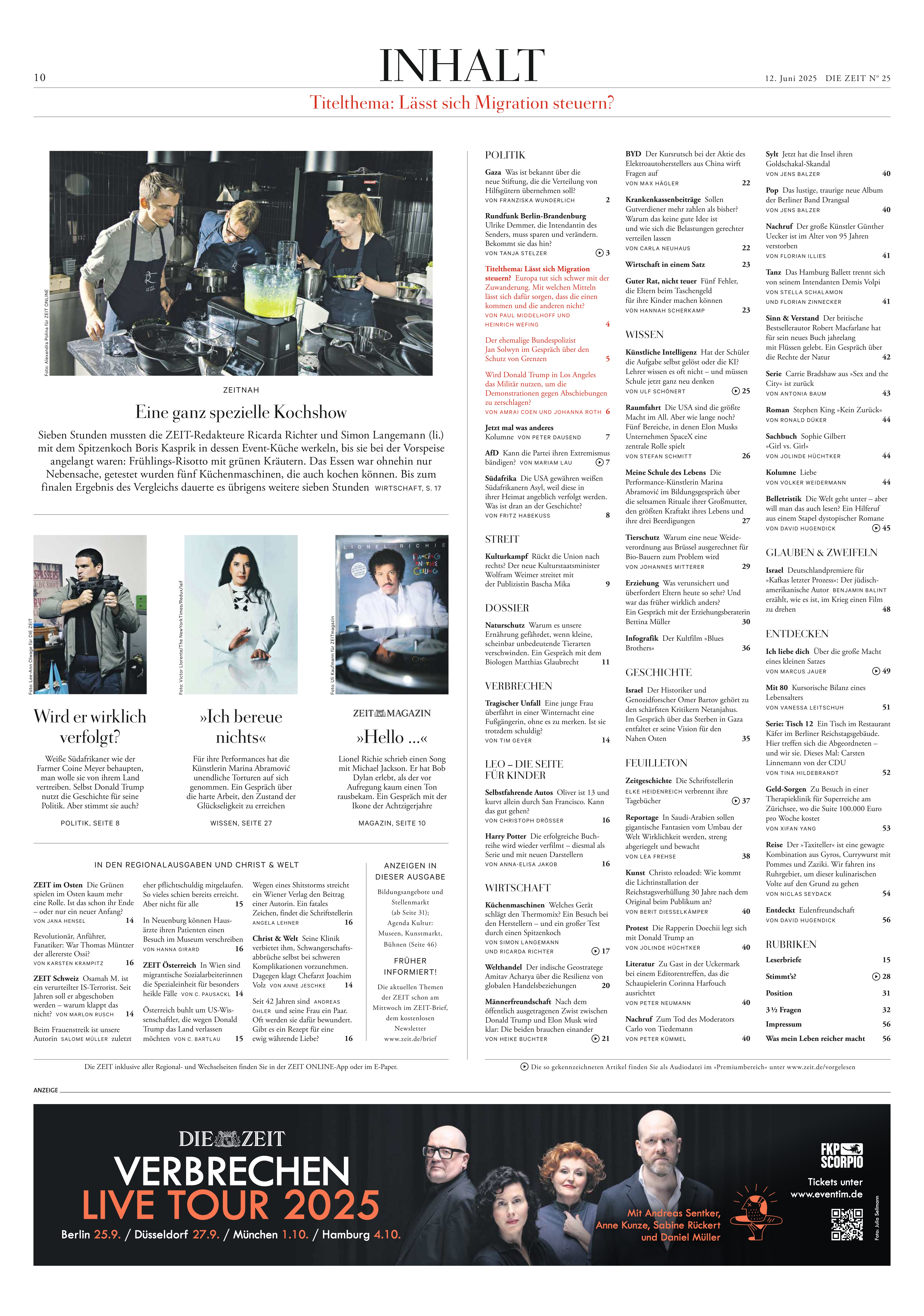 Titelseite der Wochenzeitung DIE ZEIT, Ausgabe 25/2025, mit Inhaltsverzeichnis, mehreren Fotos von Personen im redaktionellen Bereich, Textspalten und Werbebanner für die Veranstaltung Verbrechen Live Tour 2025. Die Seite ist in einem schlichten Farbschema mit überwiegend weißen, schwarzen und roten Elementen gestaltet.
