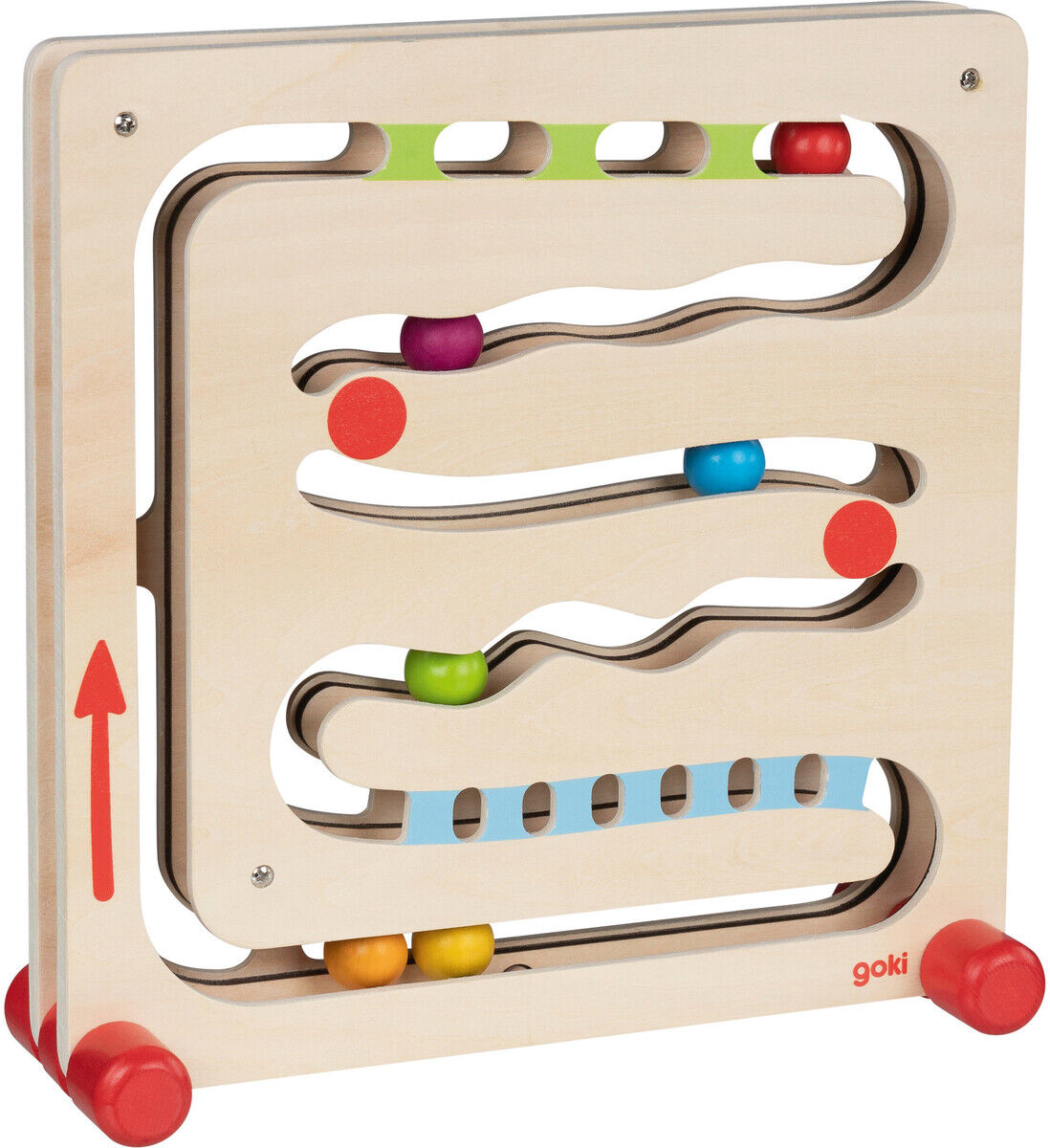 Eine Kugelbahn aus Holz mit einem Fingerfahrstuhl, bestehend aus einem geschwungenen Parcours mit bunten Kugeln in Rot, Blau, Grün und Gelb. Das Spielzeug ist für Kinder geeignet und fördert die Motorik sowie den Spielspaß.