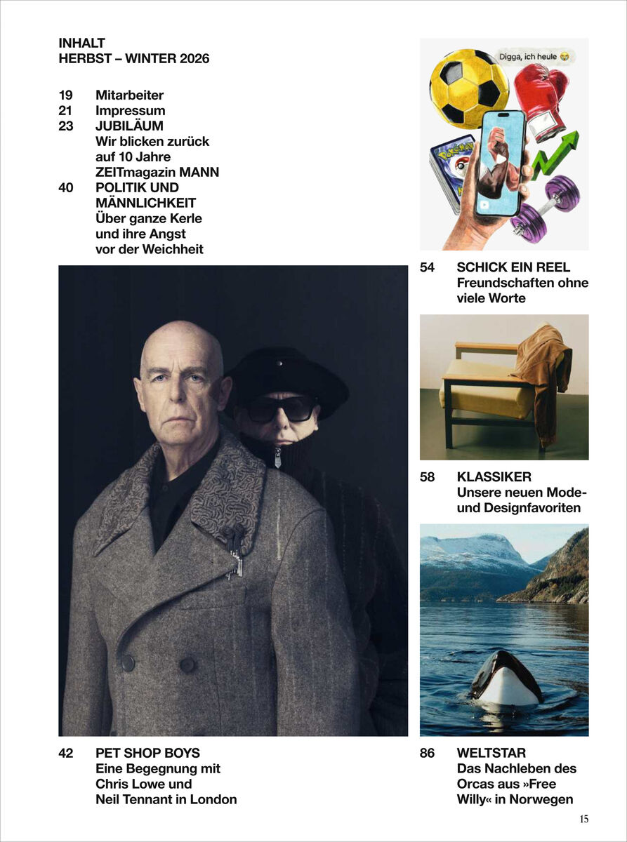 Inhaltsseite eines Männermagazins mit Fotos und Themenvorschau: große Fotografie zweier Männer im Anzug und Mantel, weitere kleine Bilder zeigen Spielzeug auf Smartphones, einen modernen Sessel und Orcas im Meer. Klar strukturierter, weißer Hintergrund mit schwarzer Schrift.