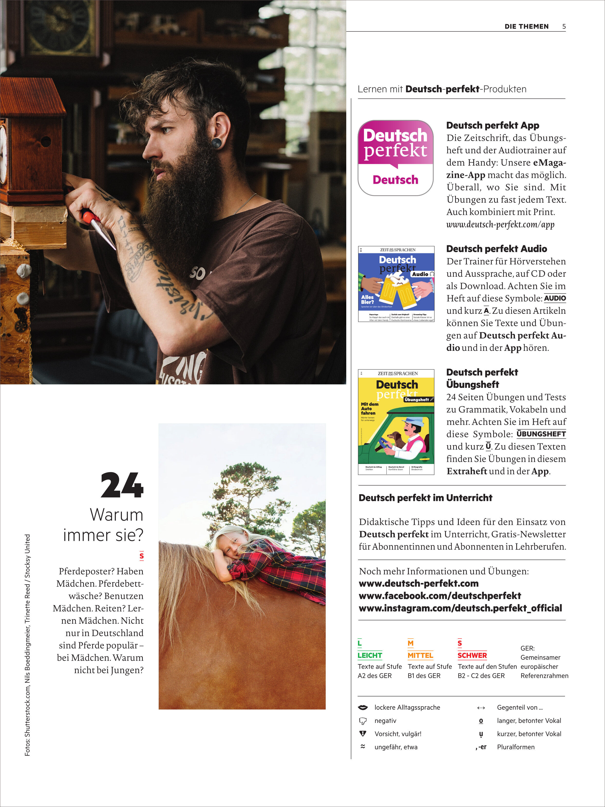 Vorderseite des Magazins 'Deutsch perfekt 11/2025' mit einer Nahaufnahme eines bärtigen Mannes bei handwerklicher Arbeit an Holz, sowie ein farbenfrohes Foto einer Frau, die sich entspannt auf ein Pferd legt. Daneben ein Inhaltsverzeichnis mit Informationen über digitale Lernprodukte wie App, Audio und Unterrichtsmaterialien für Deutschlernende. Das Layout ist modern, mit Akzenten in Weiß, Rosa und Rot, und vermittelt einen bildungsorientierten, einladenden Eindruck.