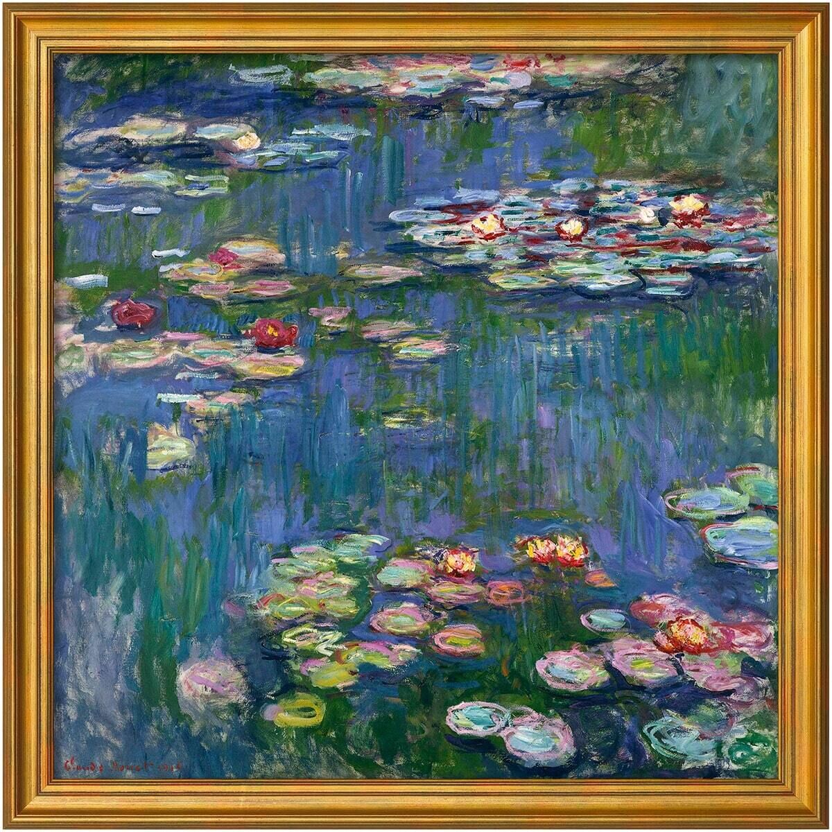Ein Gemälde von Claude Monet aus dem Jahr 1916 mit dem Titel »Seerosen«. Es zeigt einen Teich mit farbenfrohen Seerosen und Wasserlilien. Die dominierenden Farben sind Blau, Grün, Rosa, Lila und Gelb. Das Gemälde ist im impressionistischen Stil gehalten und umrahmt von einem goldenen Rahmen.
