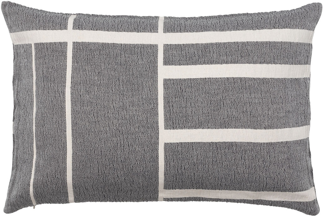 Ein rechteckiges Baumwollkissen mit den Maßen 40 x 60 cm, abgebildet im Stil der modernen Architektur. Das Design ist in neutralen Grautönen gehalten, mit weißen Linien, die ein geometrisches Muster aus Rechtecken bilden. Ideal für minimalistisches und skandinavisches Innendesign.