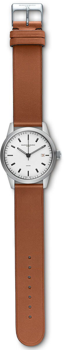 ZEIT-Sonderedition Uhr »L1 Weiss« mit braunem Lederarmband, weißem Zifferblatt und silbernem Gehäuse. Schlichtes, elegantes Design, geeignet für Damen und Herren.