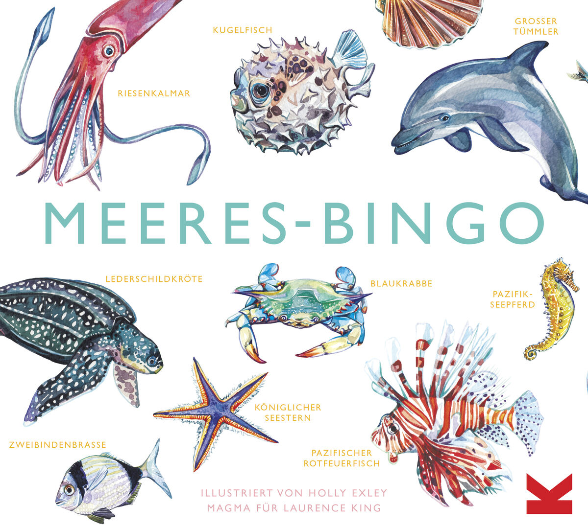 Die Verpackung des Brettspiels »Meeres-Bingo« zeigt farbenfrohe Illustrationen verschiedener Meerestiere wie einen Tintenfisch, Kugelfisch, Tümmler, Schildkröte, Krebs, Seestern und mehrere Fische. Der Titel »MEERES-BINGO« ist groß und in einem hellen Blau dargestellt.