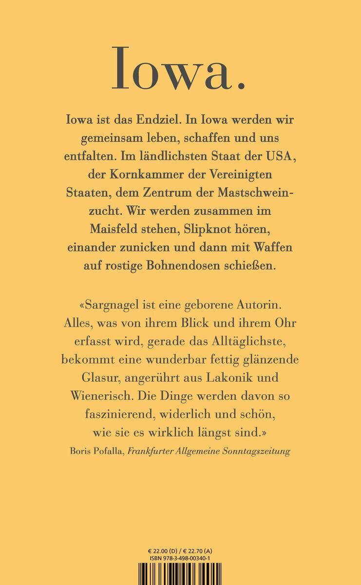 Ein gelbes Buchcover mit dem Titel 'Iowa'. Darunter befindet sich ein Text in schwarzer Schrift, der den Inhalt und den Schwerpunkt des Buches beschreibt.