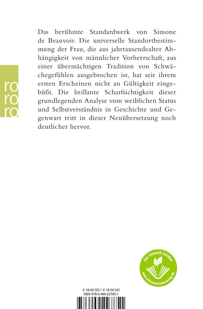 Das Bild zeigt das Buch 'Beauvoir, S: andere Geschlecht'. Der Umschlag ist weiß mit grünem und schwarzem Text sowie einem Logo von 'rororo'. Es handelt sich um ein berühmtes feministisches Werk von Simone de Beauvoir.