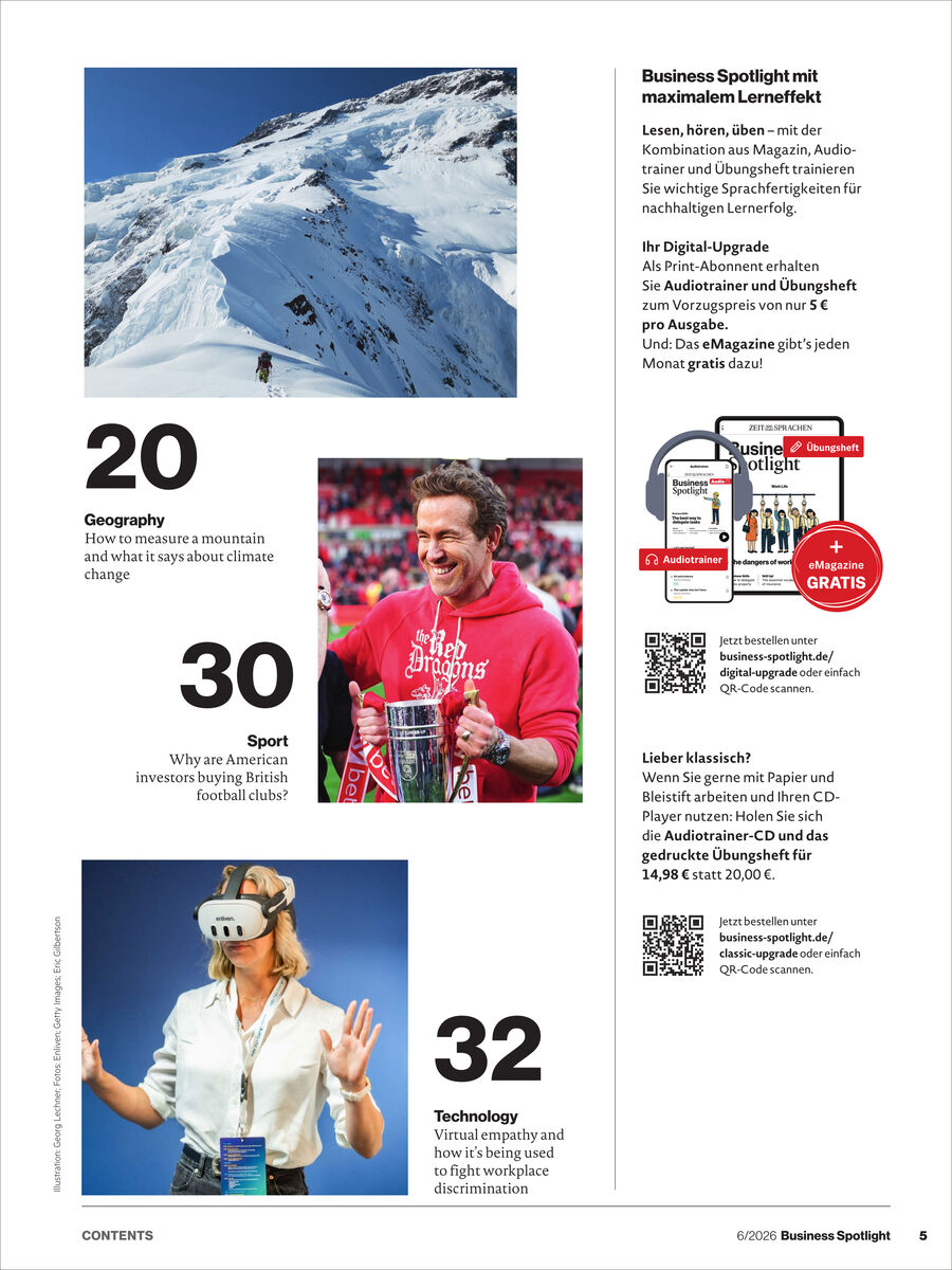Magazinseite mit drei Fotos: eine verschneite Berge-Landschaft, ein Sportler mit Pokal und eine Frau mit Virtual-Reality-Brille. Textausschnitte zu Geografie, Sport und Technologie. Informationskasten zum Business Spotlight Magazin und Aboangeboten.