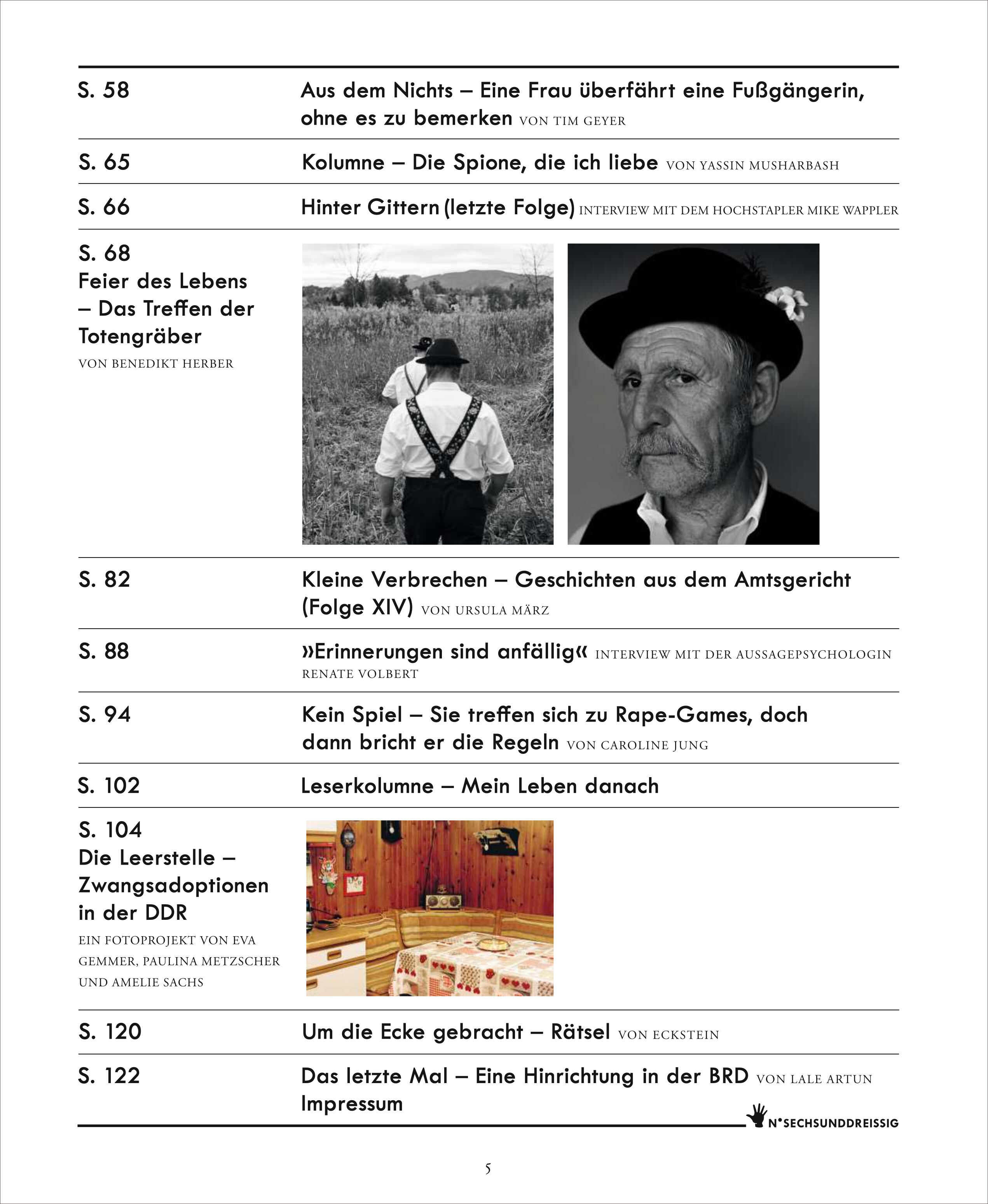 Detailliertes Inhaltsverzeichnis einer Magazinseite mit schwarzem Text auf weißem Grund und zwei schwarz-weißen Fotos. Die Fotos zeigen einen älteren Mann und eine Szene von Gegenständen. Die Seite listet Artikel und Rubriken des Magazins ZEIT VERBRECHEN mit Titel, Autor und Seitenzahl übersichtlich auf.