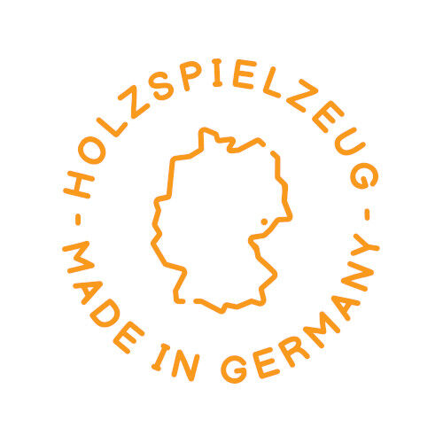 Logo mit dem Umriss von Deutschland und dem Text „Holzspielzeug - Made in Germany“ in einem kreisförmigen Design.