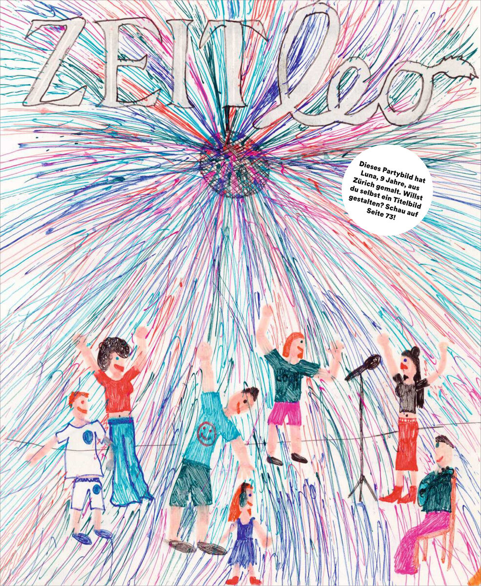 Bunt gezeichnetes Cover der ZEIT LEO 5/26: Acht Kinder feiern unter einer Discokugel mit Mikrofon und tanzenden Bewegungen. Strahlen in Blau, Rot und Lila gehen sternförmig vom Mittelpunkt aus. Oben groß der Schriftzug 'ZEIT leo'.