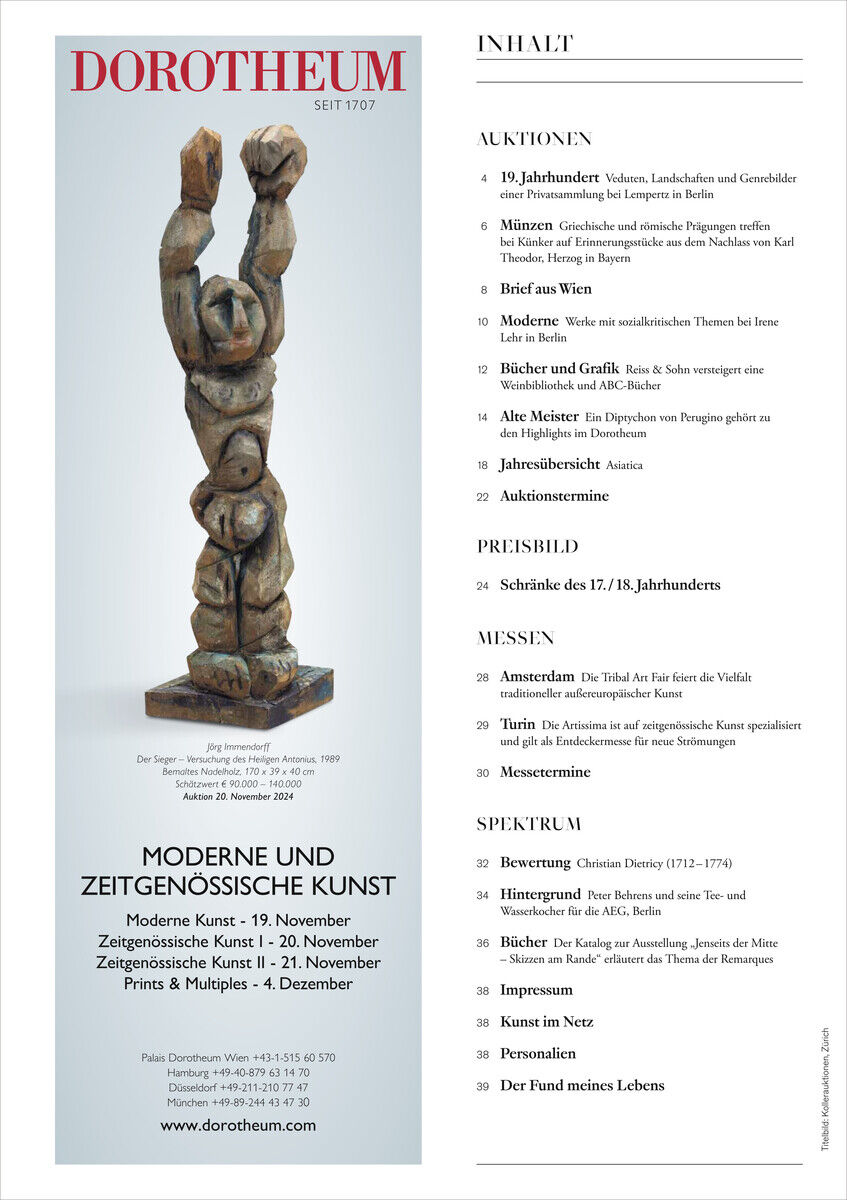 Deckblatt der Zeitschrift 'KUNST UND AUKTIONEN 17/24', präsentiert eine hölzerne Skulptur, eine Inhaltsübersicht, und das Logo von Dorotheum. Farben sind vorwiegend weiß, schwarz, braun und rot.