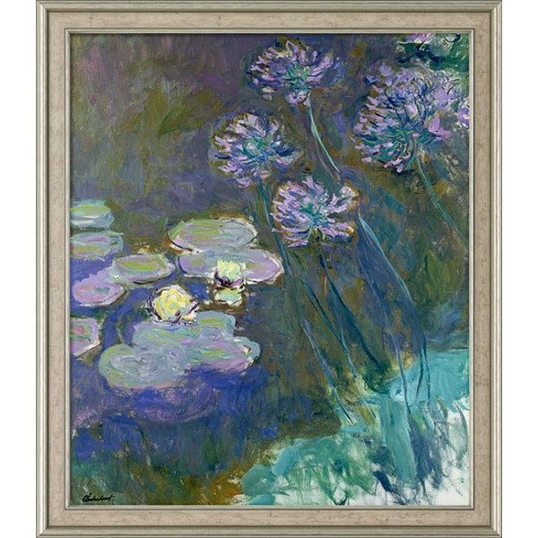 Ein impressionistisches Gemälde von Claude Monet zeigt gelbe Seerosen und Agapanthus-Blumen in einem Teich. Es dominiert eine Palette aus Gelb, Grün, Blau und Lila, die typische Elemente der Natur und Gartenkunst Monets darstellt. Das Set enthält auch eine Darstellung von Irisblumen in Monets Garten.