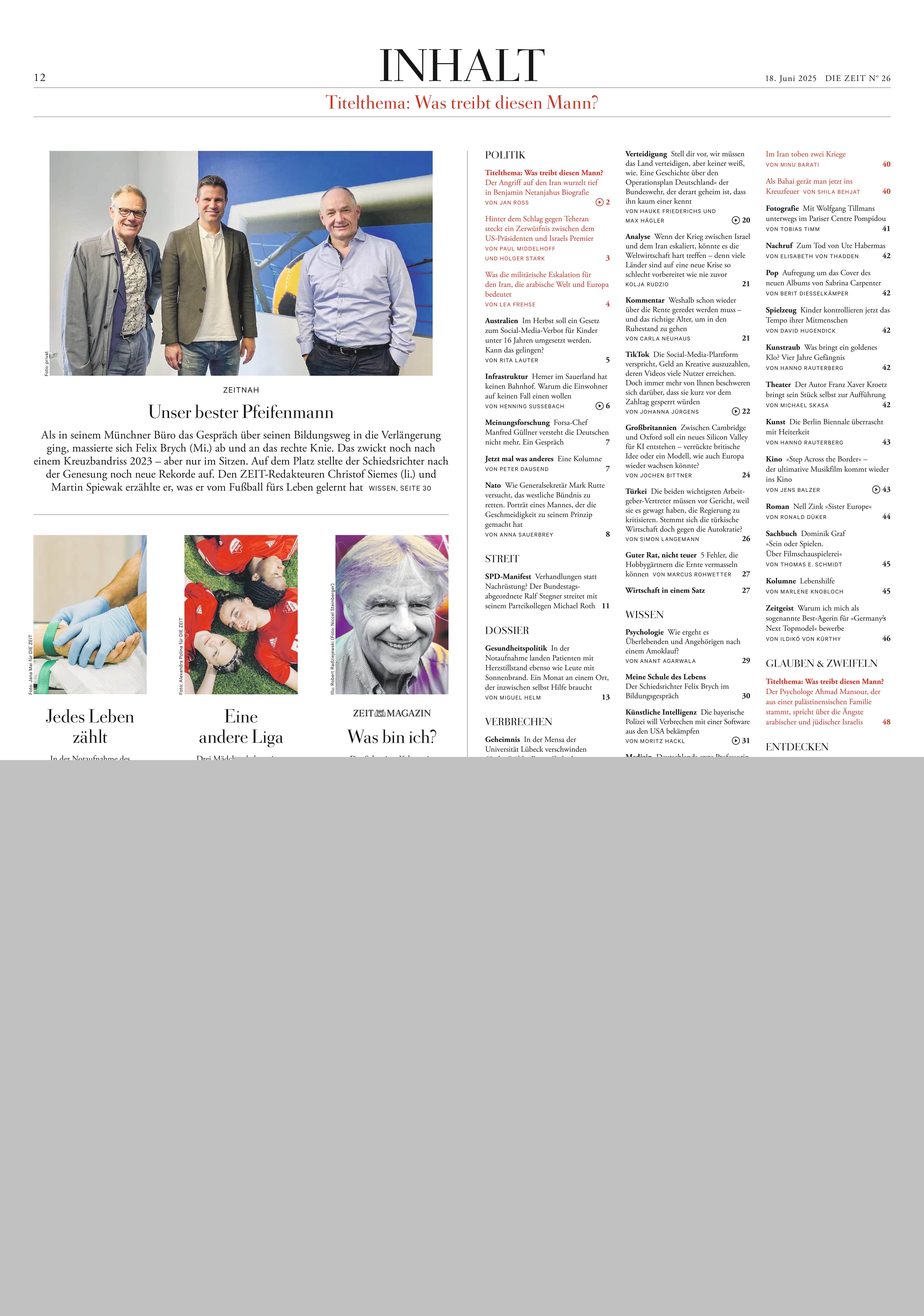 Titelseite des Inhaltsverzeichnisses der Wochenzeitung DIE ZEIT Ausgabe 26/2025, mit Textspalten, mehreren Fotos, darunter ein Bild von drei Personen, farbigen Rubriken und einer strukturierten Gliederung aktueller Themen aus Politik, Gesellschaft, Wirtschaft und Kultur.
