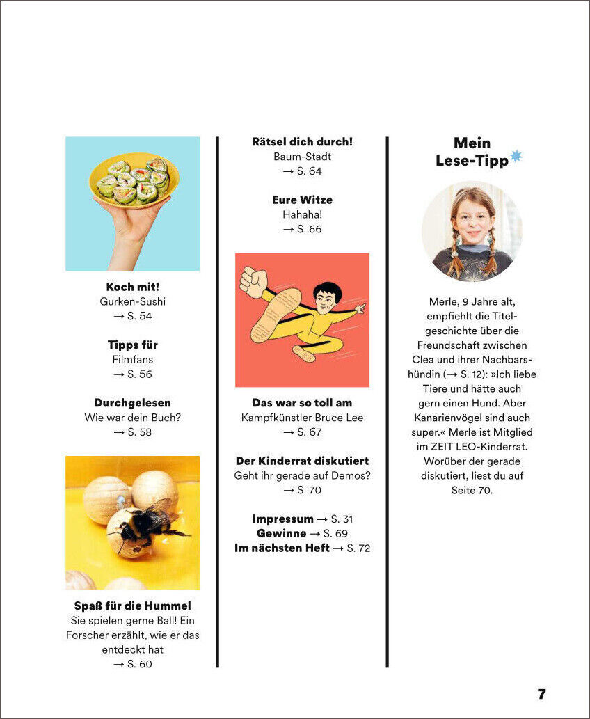 Seite aus der Kinderzeitschrift ZEIT LEO mit mehreren Rubriken wie „Koch mit!“, „Durchgelesen“, „Spaß für die Hummeln“, „Rätsel dich durch!“, „Eure Witze“, „Mein Lese-Tipp“ und Bildern von einem Mädchen, Comics, Sushi und einer Biene.