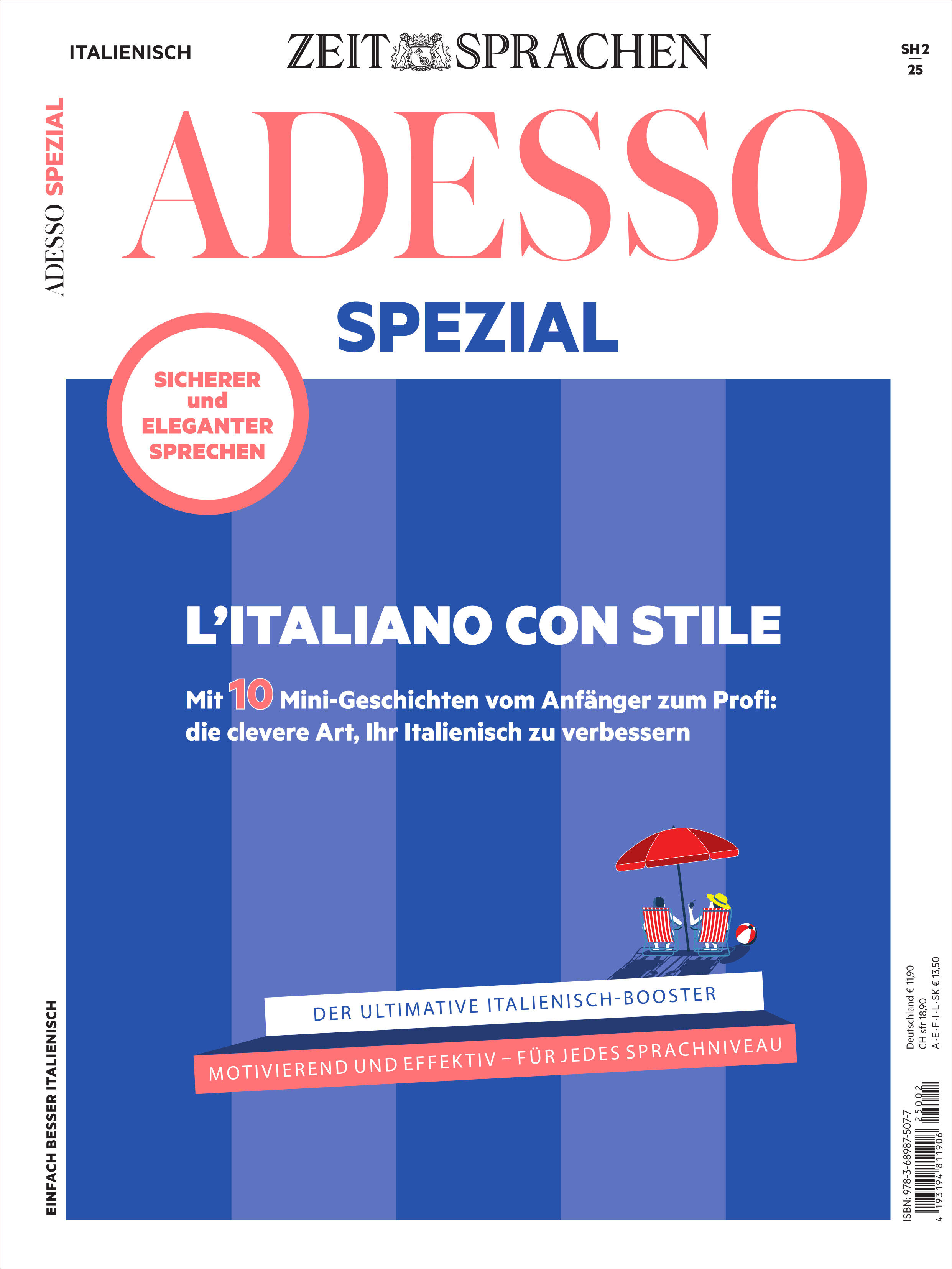 Titelblatt der Zeitschrift Adesso Magazin 12/2025 Sonderausgabe, mit blauem Hintergrund, italienischer Flagge im Design, motivierendem Slogan und Hinweisen zum Italienischlernen für verschiedene Sprachniveaus.