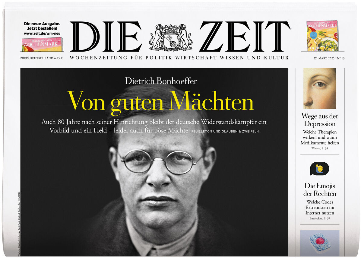 Titelseite der Zeitung DIE ZEIT 13/2025 mit einem Porträt von Dietrich Bonhoeffer im Vordergrund, begleitet von Texten und Artikelnamen zu religiösen und gesellschaftlichen Themen.