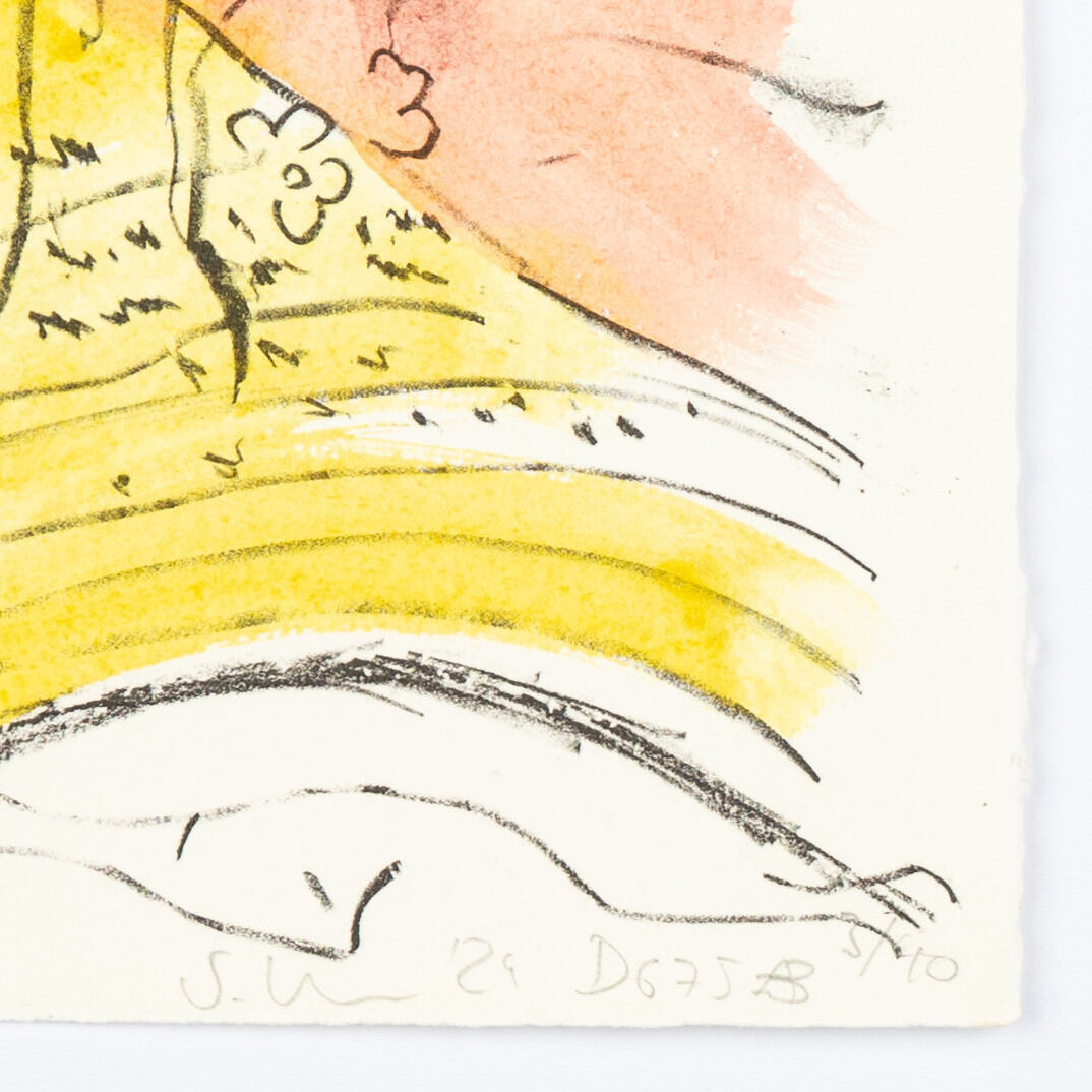 Lithografie der ZEIT-Sonderedition mit dem Titel »DG 75B«, 2024, gerahmt. Die dominierenden Farben sind Gelb, Orange, Schwarz, Weiß und Rosa. Das Kunstwerk zeigt abstrakte Formen und Linien, die zu einem harmonischen Gesamtbild zusammengefügt sind.