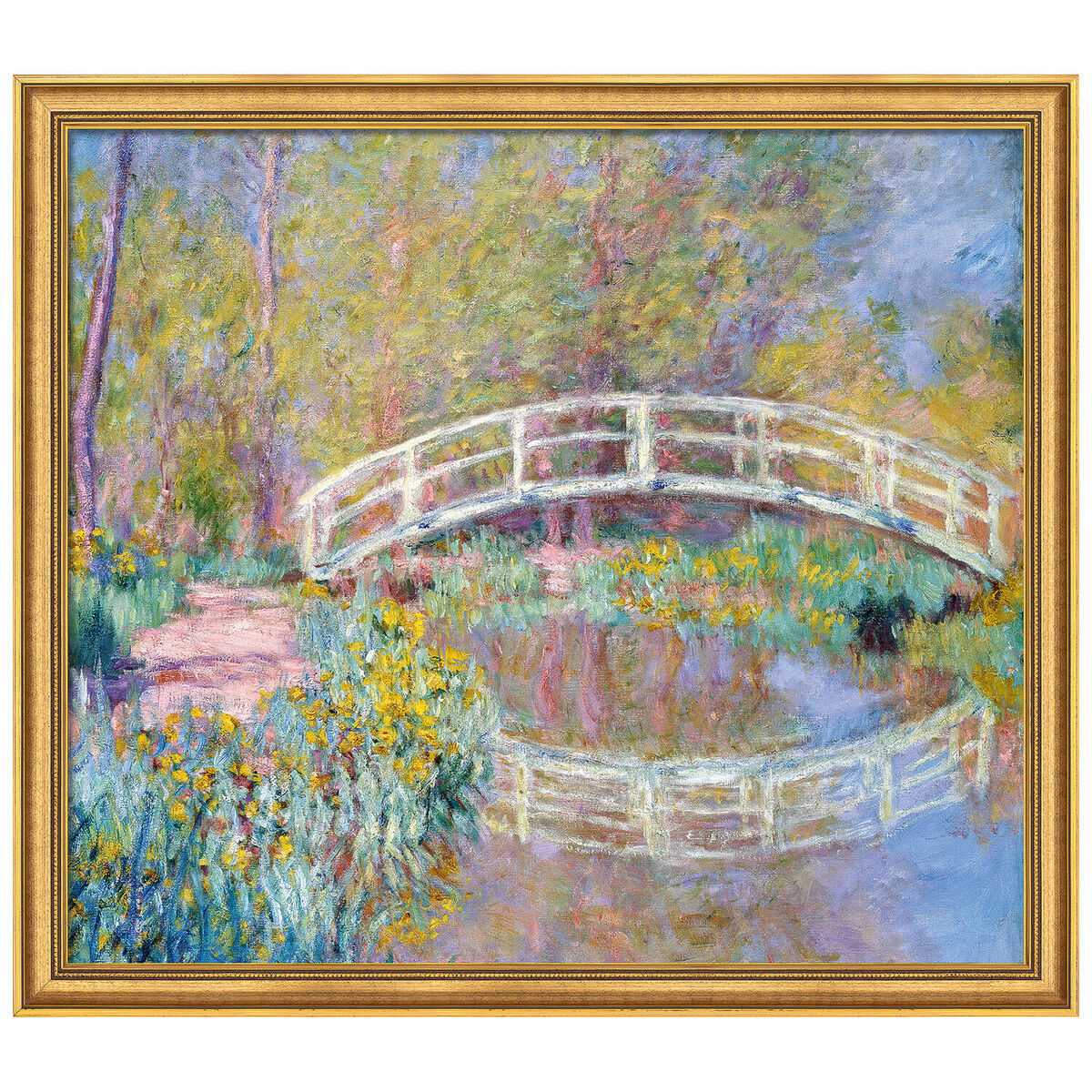 Gemälde von Claude Monet, das eine weiße Brücke über einem Teich in einem üppigen Garten zeigt, umgeben von gelben Blumen und grünem Laub. Impressionistische Darstellung mit zarten Farben und Spiegelungen im Wasser.