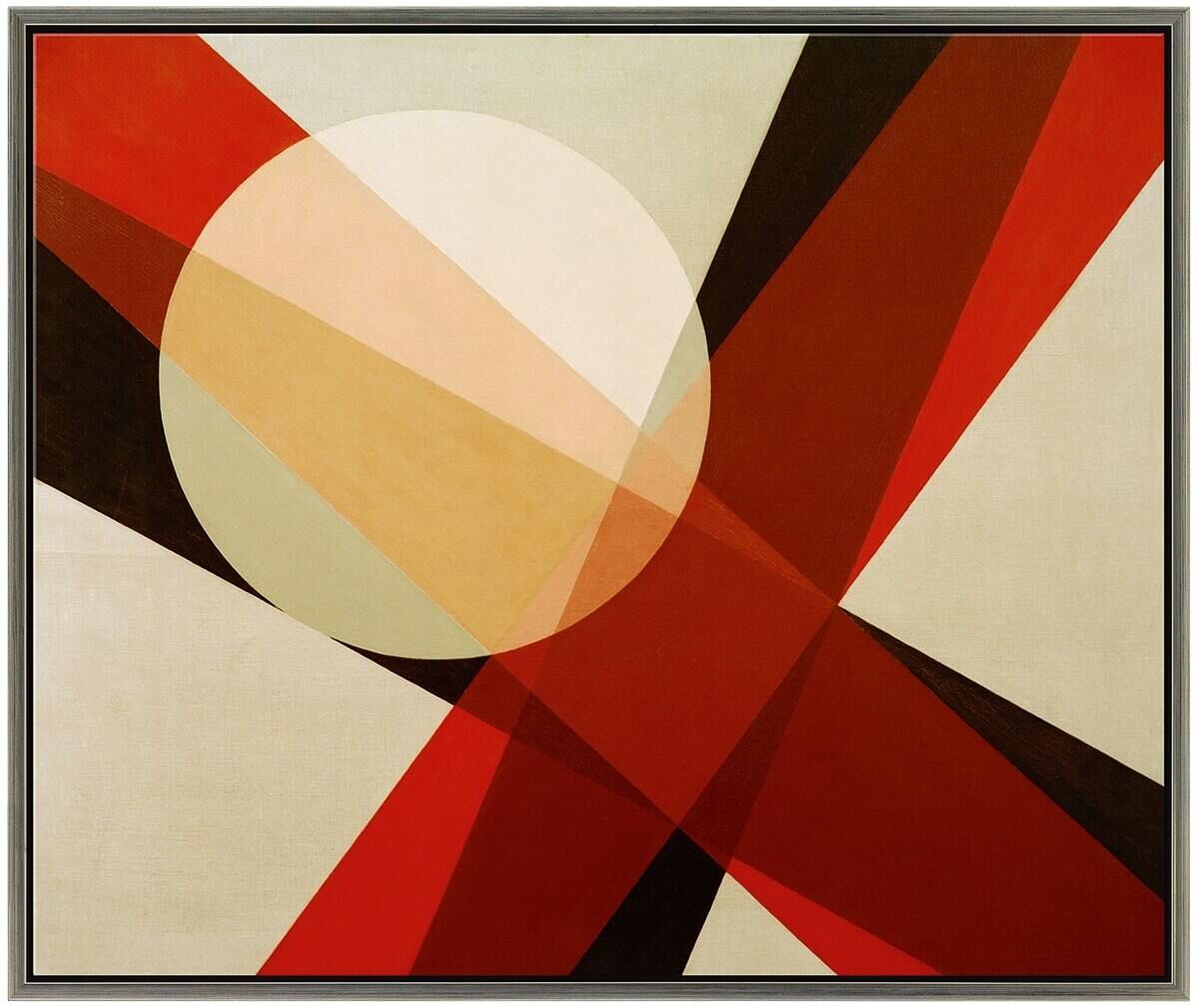 Abstraktes Gemälde von László Moholy-Nagy aus dem Jahr 1927 mit dem Titel »A19«. Das Kunstwerk zeigt geometrische Formen, darunter einen großen Kreis in hellen Farbtönen und darüberliegende diagonale Streifen in roten und schwarzen Farben. Der Hintergrund ist beige und weiß gefärbt.