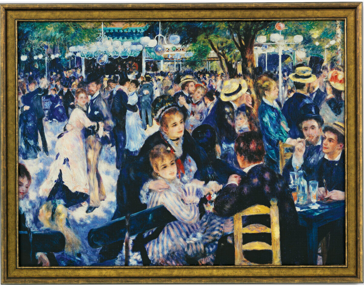 Ölgemälde von Auguste Renoir mit dem Titel 'Ball im Moulin de la Galette' von 1876, das eine lebhafte Szene eines Tanzfestes im Freien in Paris zeigt, eingerahmt in einem goldenen Rahmen.