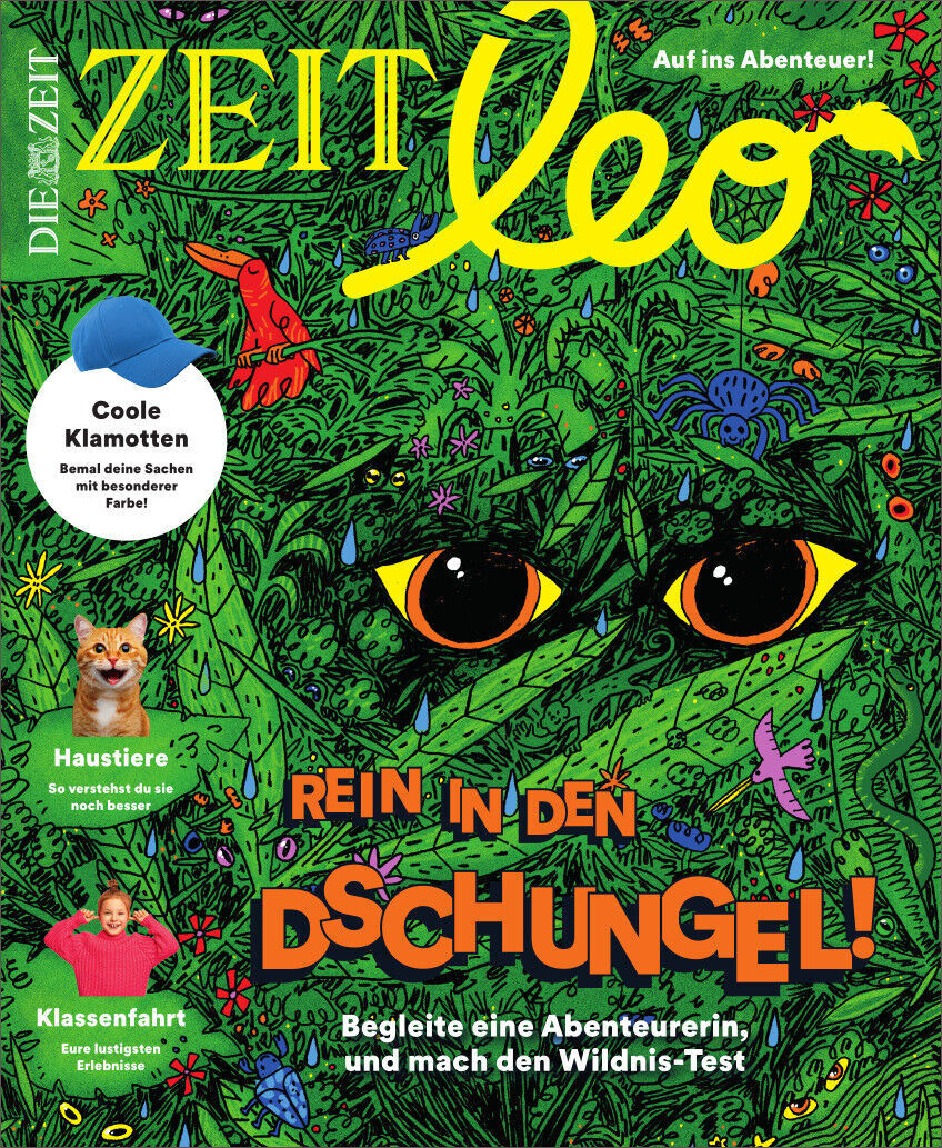 Das Cover der Kinderzeitschrift ZEIT Leo 6/22 zeigt ein buntes Dschungel-Thema mit auffälligen grünen Pflanzen und versteckten Tieren. Der Titel 'Rein in den Dschungel!' ist groß und orange in der Mitte abgedruckt. Weitere Schlagzeilen und Bilder auf dem Cover versprechen Abenteuer und Spaß für Kinder.