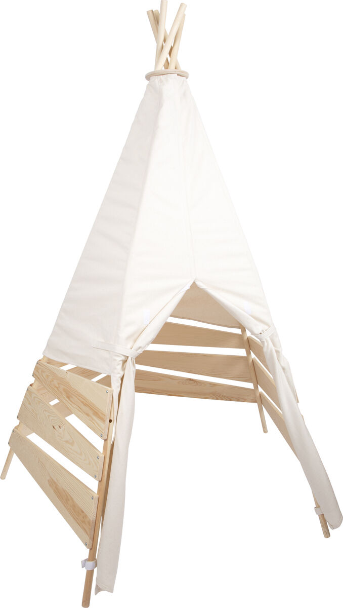 Weißes Tipi Zelt für den Innen- und Außenbereich. Der Stoff besteht aus Baumwolle und der Rahmen aus Holz. Geeignet für Kinder zum Spielen und als kreativ gestaltbare Leseecke. Ideal für Kinderzimmer, Garten oder Campingausflüge.