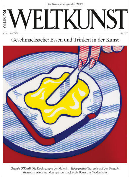 Cover der Zeitschrift WELTKUNST mit dem Titel 'Geschmacksache: Essen und Trinken in der Kunst'. Das Bild zeigt eine Pop-Art-Illustration von einem Löffel, der Butter auf eine Scheibe Brot streicht.