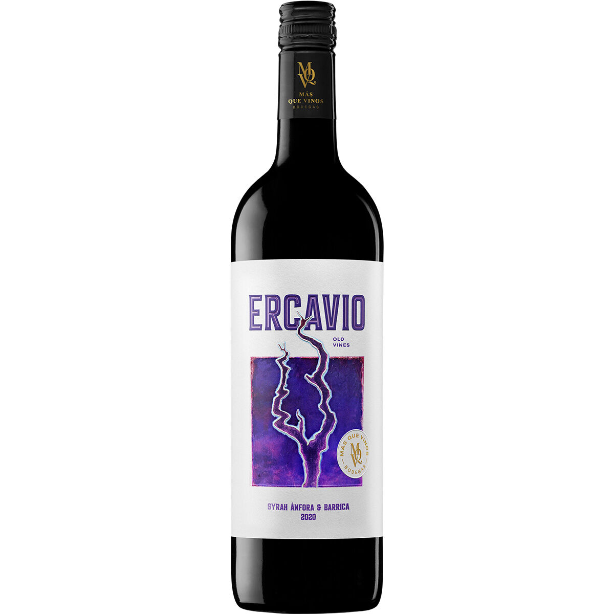 Eine einzelne Flasche Rotwein mit der Aufschrift 'ERCAVIO' und modernem lila-weißem Etikett steht aufrecht vor weißem Hintergrund. Die Flasche ist Teil eines 12er-Weingut-Probierpakets und präsentiert Jahrgang, Rebsorten und eine stilisierte Grafik auf dem Etikett.