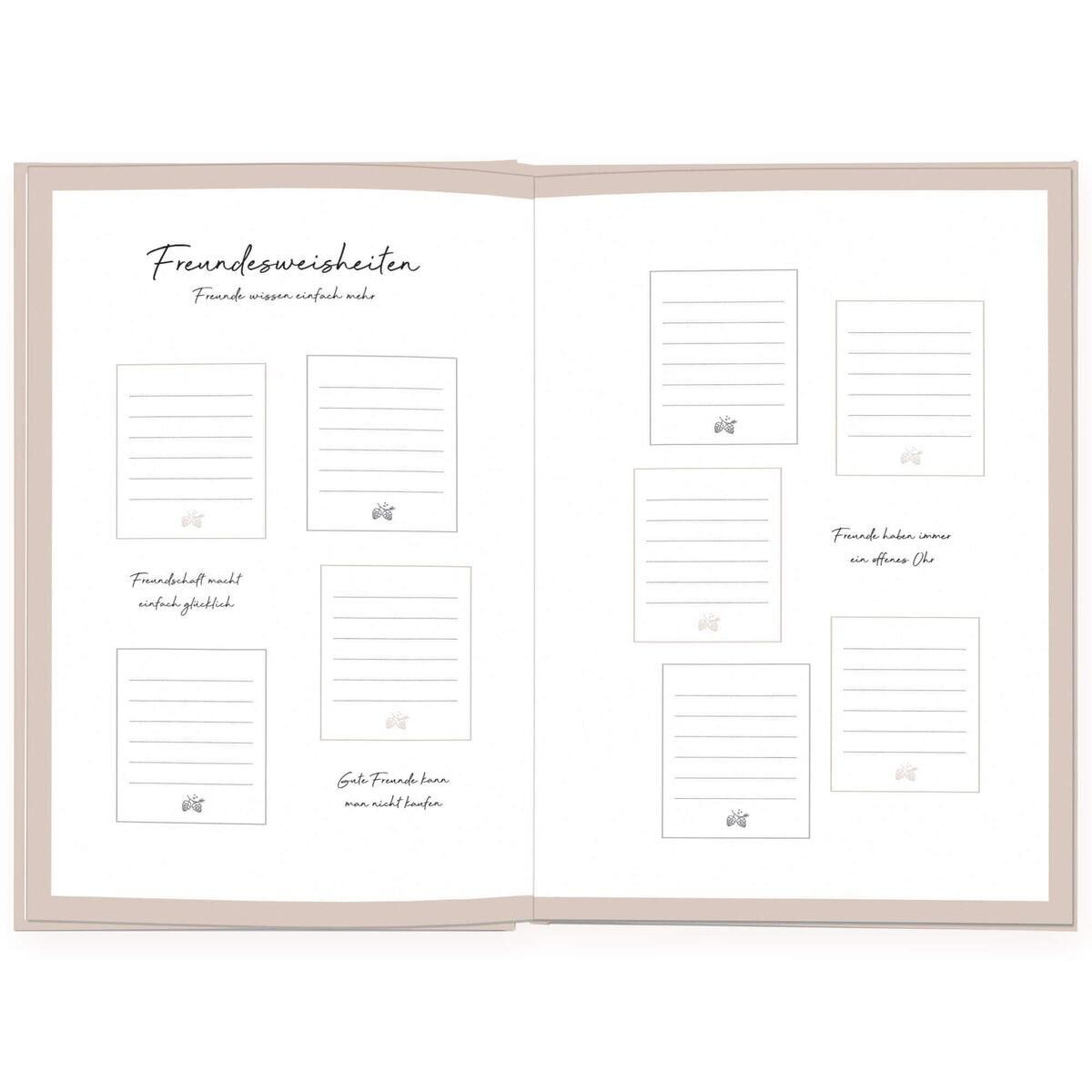 Offenes Freundschaftsbuch für Erwachsene mit mehreren Feldern zum Ausfüllen, samt Linien für Text und kleinen Illustrationen. Die Seiten sind überwiegend in Weiß und Beige gehalten, mit schwarzem Text.