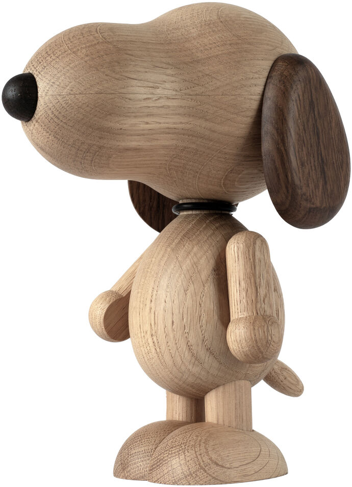 Holzfigur »Snoopy« aus hellem Holz, inspiriert von der Comicfigur aus Peanuts, minimalistisches Design mit klaren Linien und dunklen Ohren.