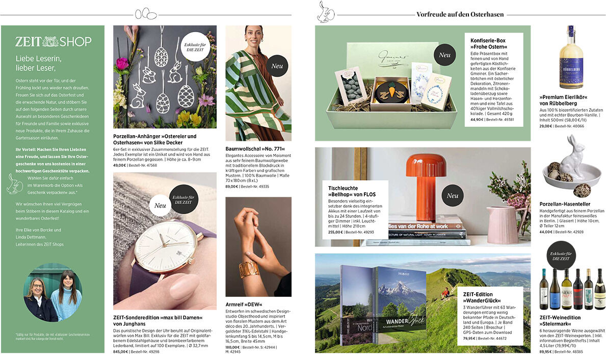 Ein Katalog für Ostern mit Produkten und Ideen für Geschenke und Dekoration. Enthalten sind Bilder von Dekoartikeln, Geschenkideen und Bastelmaterialien, dekorativ präsentiert in einem frühlingshaften Stil, passend für Familien und Kinder.