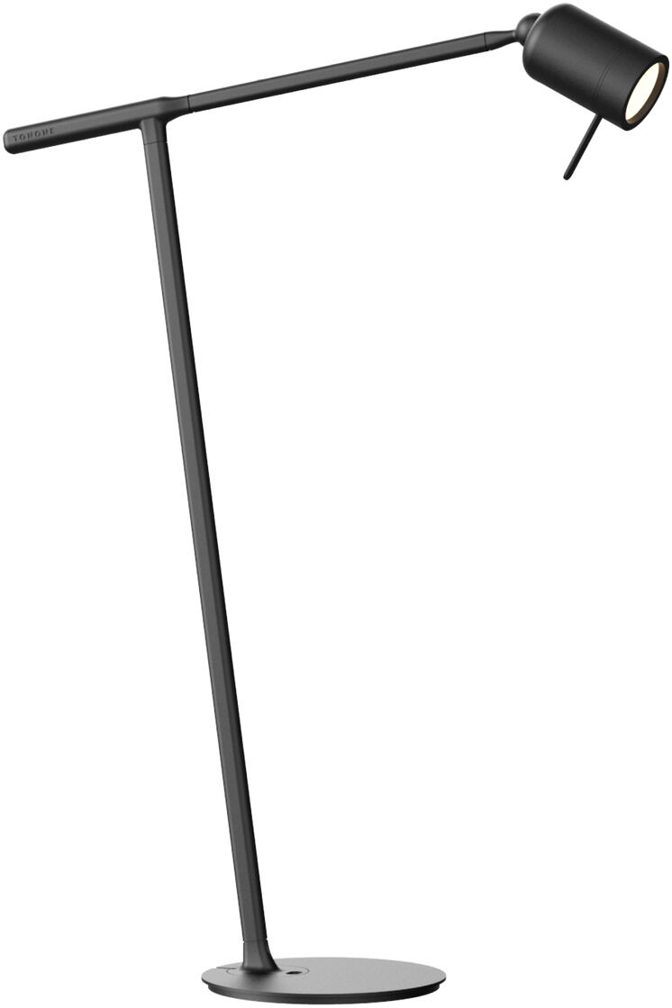 Eine moderne, minimalistische Schreibtischlampe in Schwarz mit Halterung.