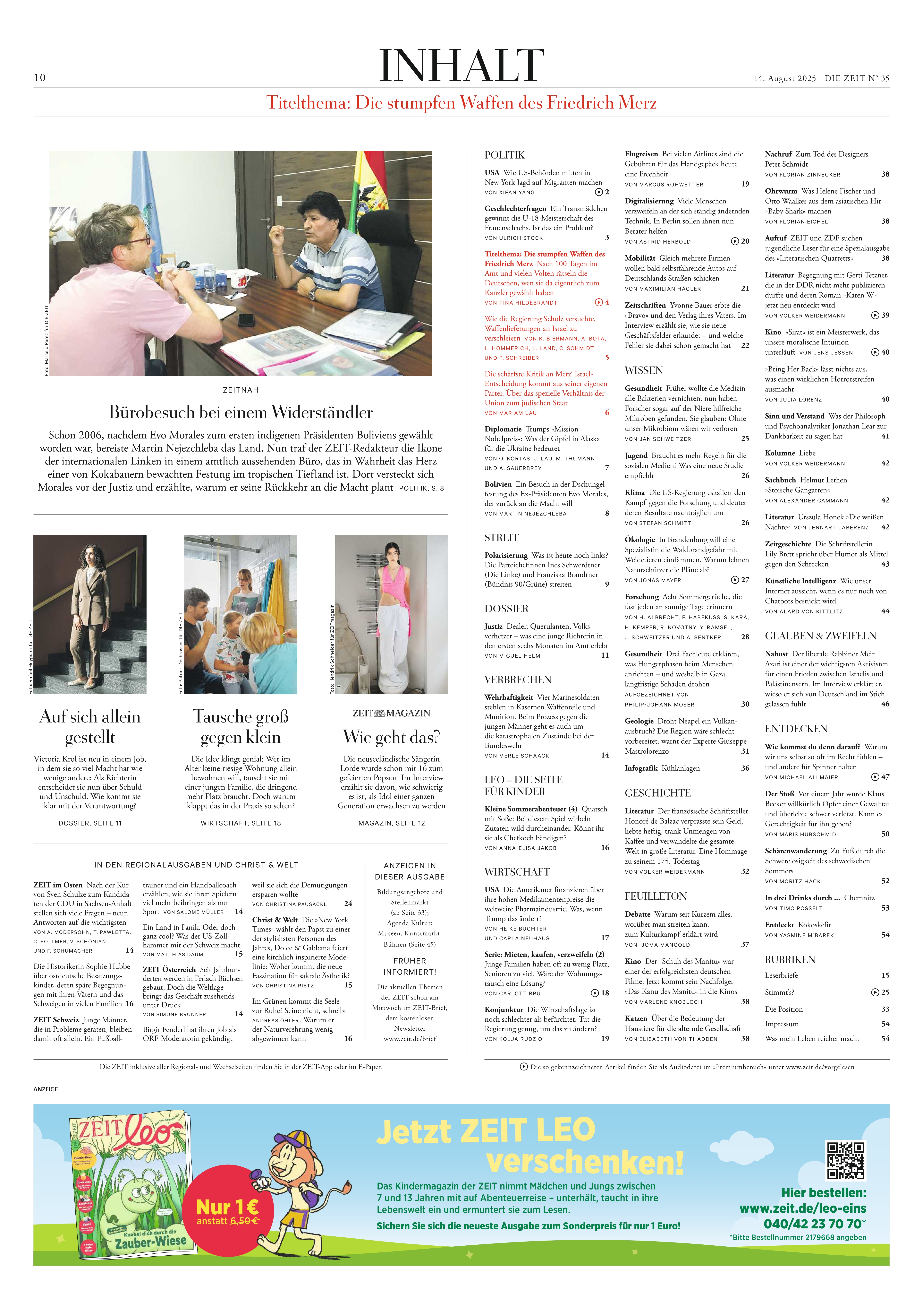 Eine Seite der deutschen Wochenzeitung DIE ZEIT Ausgabe 35/2025 mit verschiedenen Artikeln, Bildern und einer übersichtlichen Inhaltsstruktur. Im unteren Bereich befindet sich eine farbenfrohe Anzeige für Kinder. Die Seite zeigt klassisches Zeitungsdesign mit Spaltenaufteilung, Texten und Überschriften.