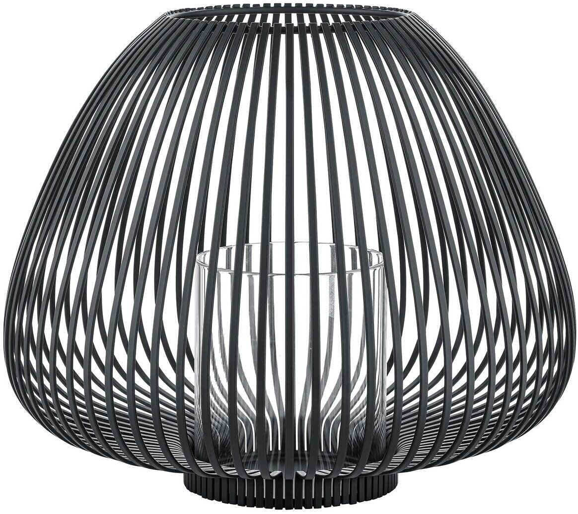 Schwarze Metalllaterne in modernem, runden Design mit feinem Stabgitter und einem transparenten Glas für eine Kerze im Inneren, geeignet für stilvolle Wohn- oder Gartendekoration.