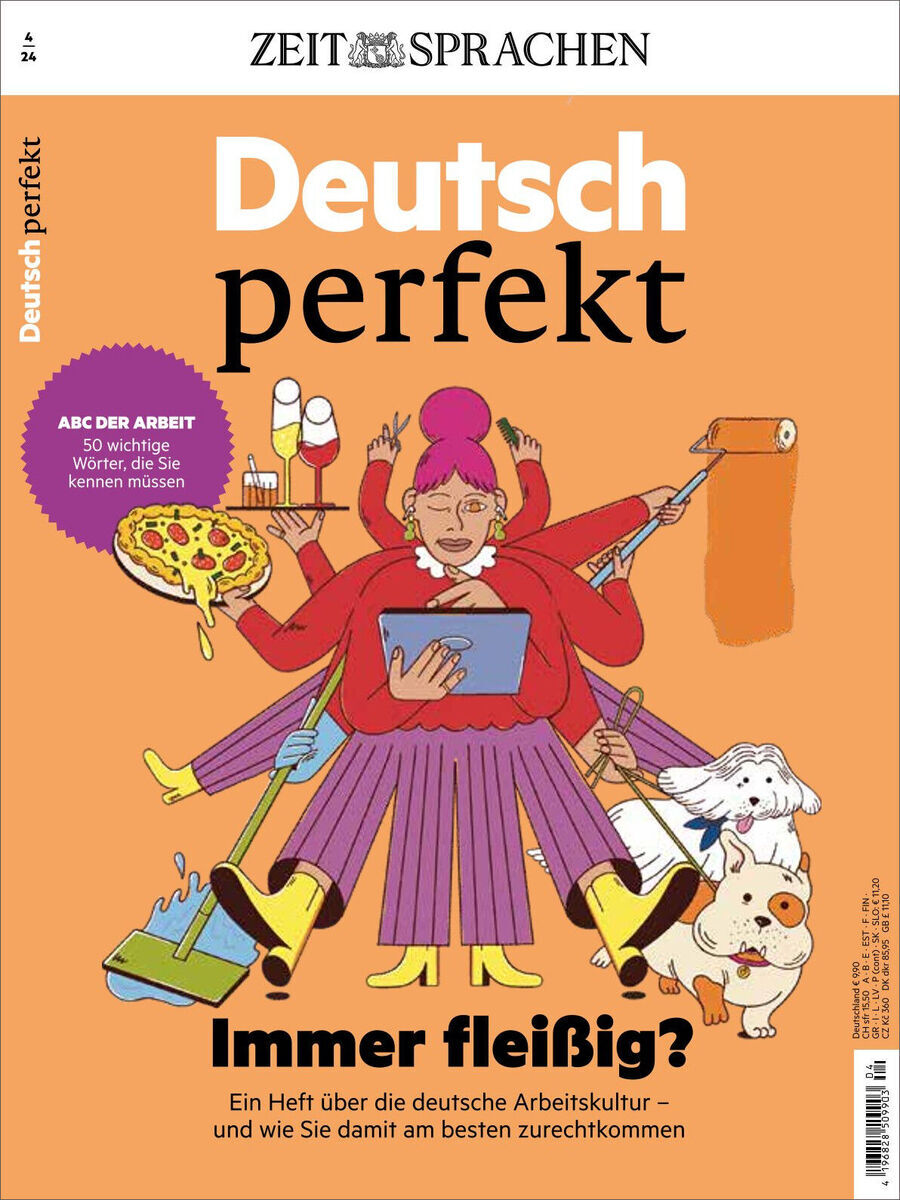 Titelseite des Deutsch perfekt Magazins Ausgabe 04/2024 Sonderausgabe, mit dem Schwerpunkt auf Arbeitskultur und deutschen Wörtern. Eine Illustration zeigt eine Frau und verschiedene Arbeiten, die sie gleichzeitig ausführt.