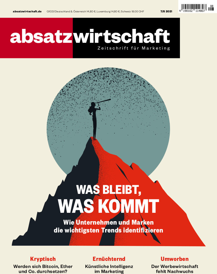 Cover der absatzwirtschaft Zeitschrift 7_8/21, eine Marketing-Zeitschrift. Ein Berg mit einer Person, die mit einem Fernrohr in die Ferne schaut, unter der Überschrift 'Was bleibt, was kommt'. Weitere Schlagworte sind 'Kryptisch', 'Ernüchternd' und 'Umworben'. Die Farben des Covers sind hauptsächlich Rot, Schwarz, Weiß, Grau und Orange.