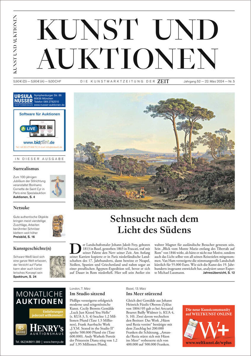 Titelseite der Zeitschrift 'KUNST UND AUKTIONEN 5/24'. Die Überschrift lautet 'Sehnsucht nach dem Licht des Südens' und zeigt ein Bild einer Landschaftsmalerei. Verschiedene Abschnitte mit Text und kleineren Bildern sind enthalten. Werbung und Informationen zu Kunstauktionen sind ebenfalls auf der Titelseite sichtbar.