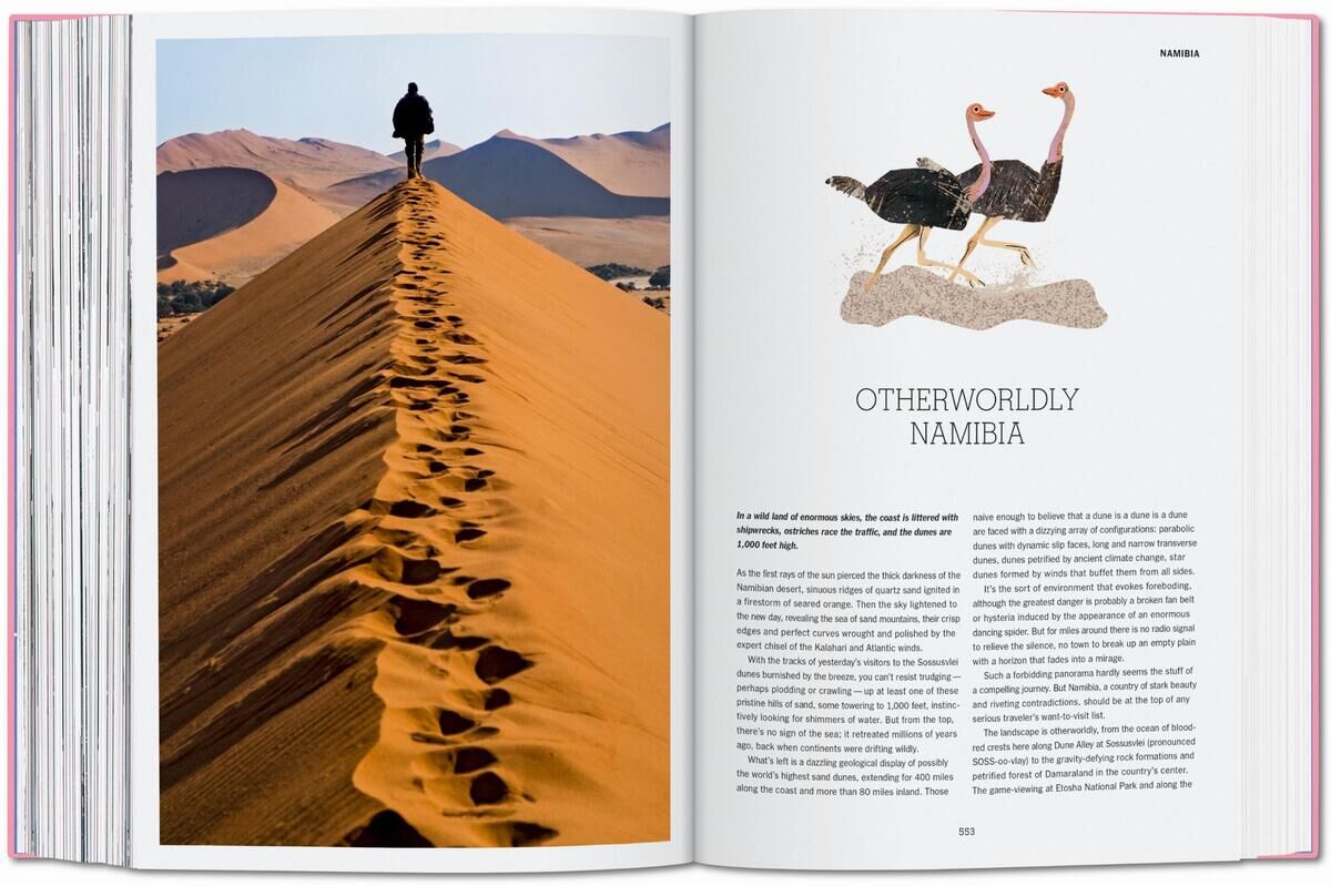 Das Bild zeigt ein aufgeschlagenes Buch mit dem Titel 'The New York Times Explorer. 100 Reisen rund um die Welt'. Die linke Seite zeigt ein Foto von jemandem, der auf einer sandigen Düne in einer Wüste wandert. Die rechte Seite zeigt einen Text über Namibia und zwei große Vögel abgebildet.