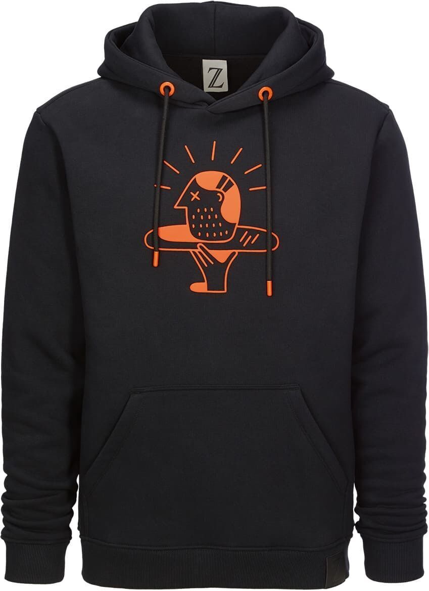 Schwarzer Hoodie der ZEIT-Kollektion mit orangener Verbrechen-Illustration auf der Vorderseite. Langärmlig mit Kängurutasche und Kapuze.
